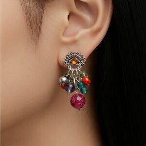 Women's Multicolor Beaded Dangle Earrings - Silver Tone